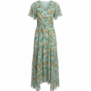 Ramy Brook Amber Leaf Print Chiffon Midi Dress Size 0 Mint Green Orange Resort